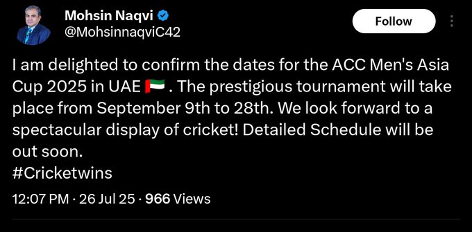 Asia Cup 2025 To Be Held In Uae From Sept 9 28 Confirms Acc Chief Naqvi 