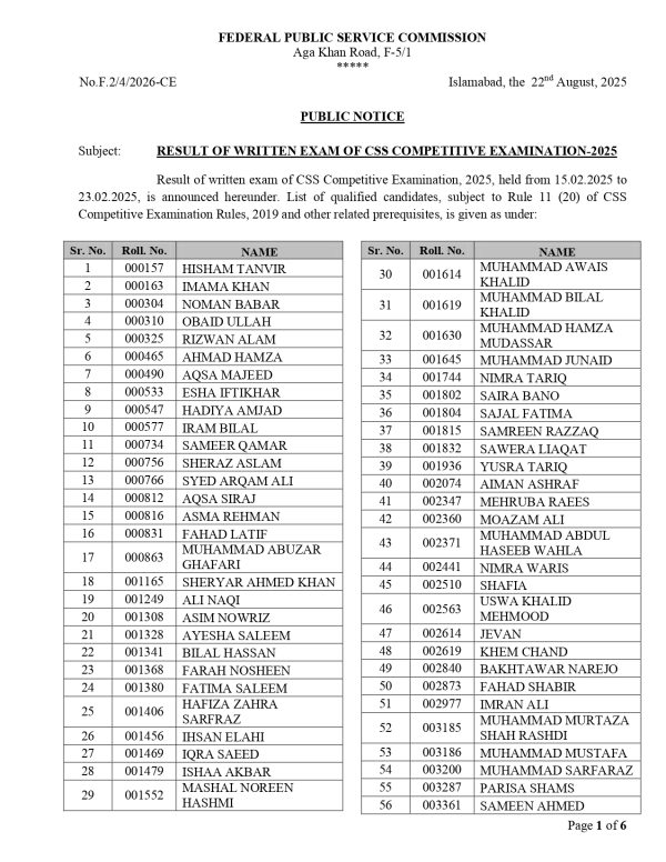 CSS 2025 Written Results; Check full List here - Pakistan Observer