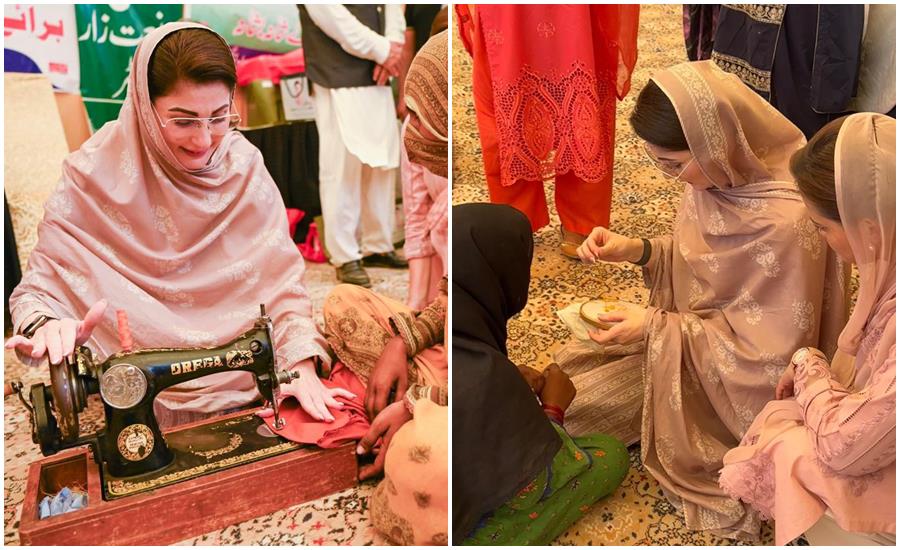 Punjab Cm Maryam Nawaz Tries Sewing Embroidery With Flood Affected Women In
