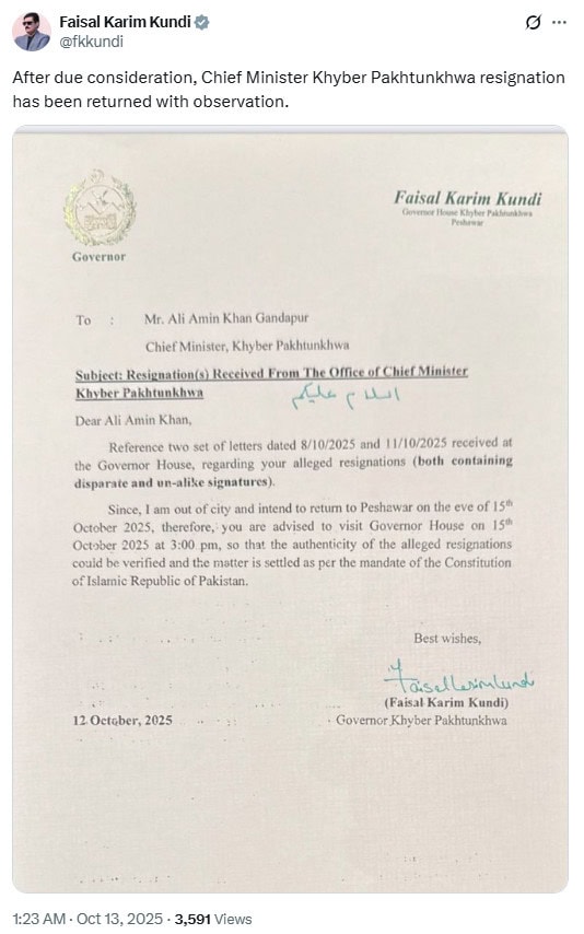 Kp Governor Returns Cm Gandapurs Resignation Over Signature Discrepancy 