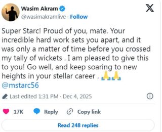 Mitchell Starc Breaks Wasim Akrams Record Hails Him As Greatest Left Arm Pacer 
