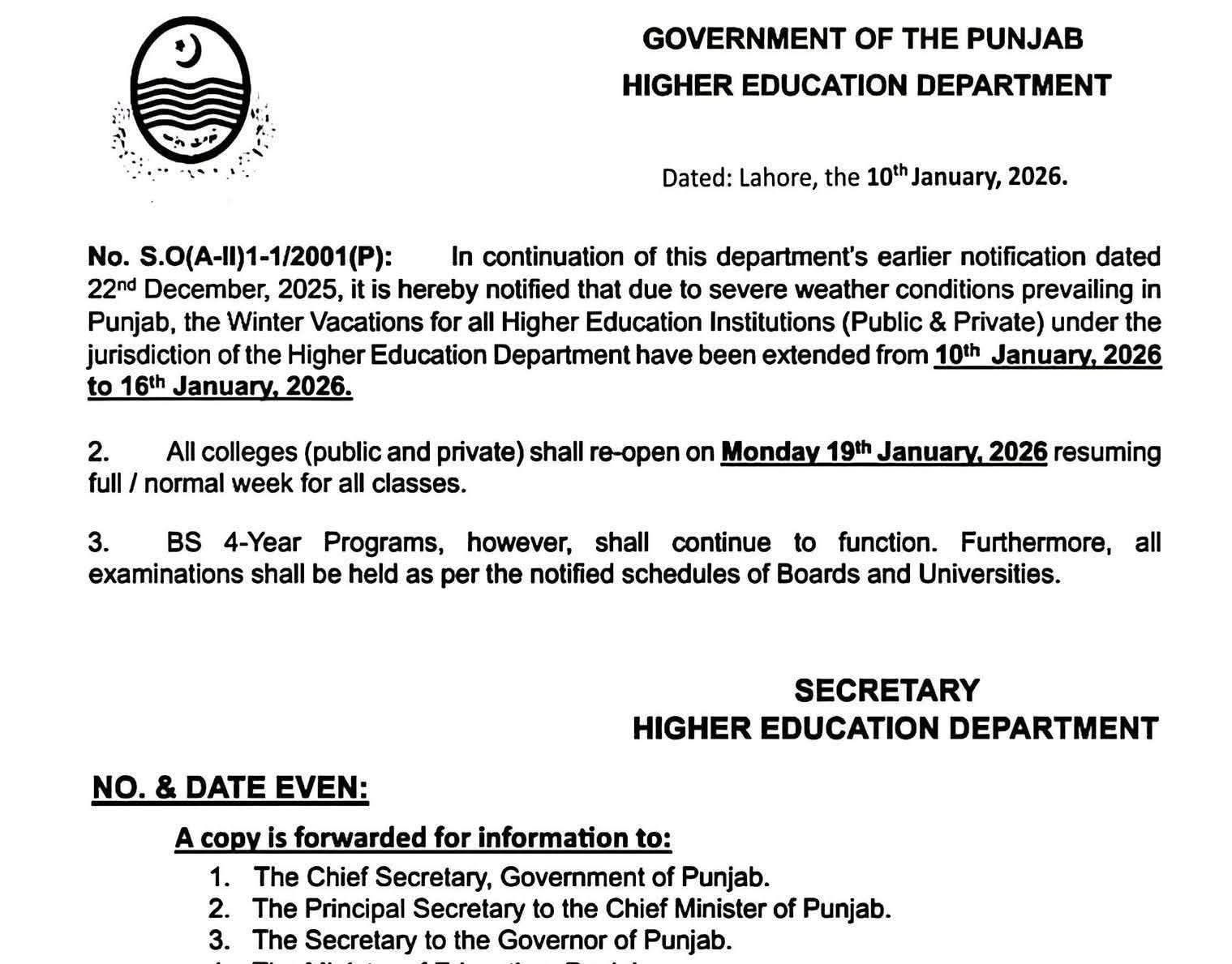 Punjab Winter Holidays 2026 Extension Notification 