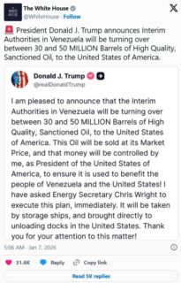 Trump Announces Deal For Venezuela To Supply Up To 50 Million Barrels Of Oil To Us 