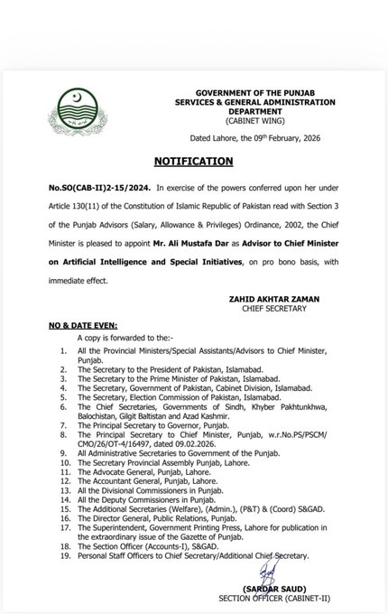 Ali Mustafa Dar Appointed Adviser To Punjab Cm On Ai Innovation 