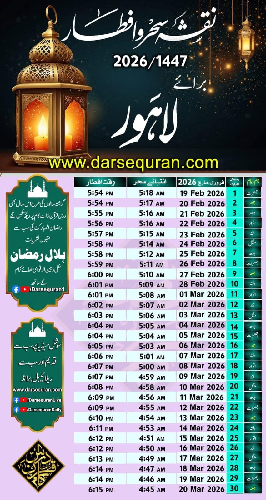 Lahore Sehari Iftari Timings As Ramadan 2026 Approaches 