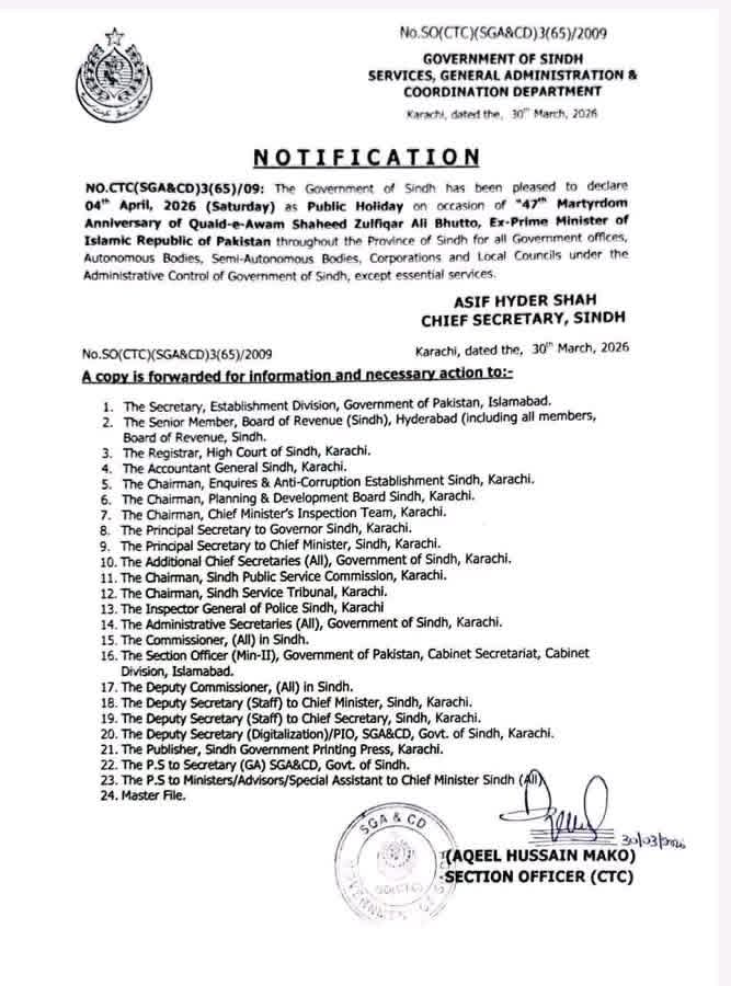 April 4 Declared Holiday In Sindh For Bhuttos Anniversary 