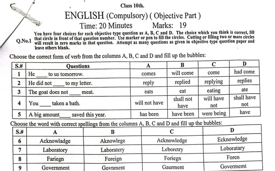 Bise Lahore Model Papers 10th Class 2026 For English Compulsory