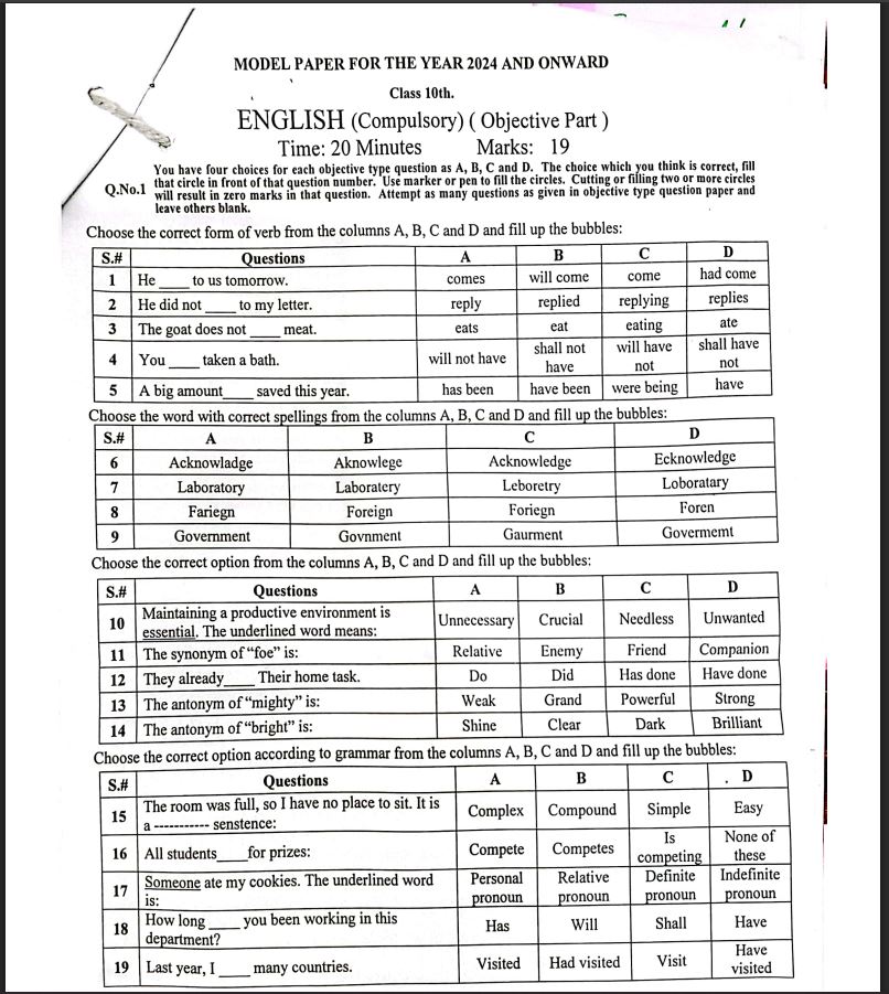 Bise Lahore Model Papers 10th Class 2026 For English Compulsory 