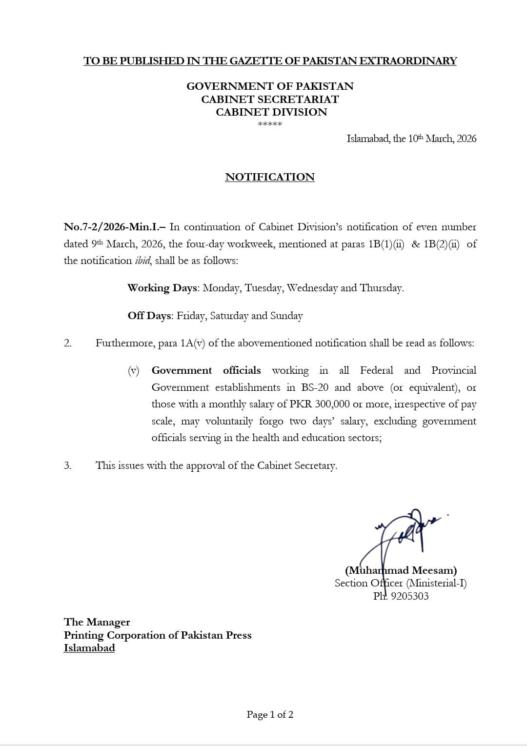 Cabinet Division Notifies 4 Day Workweek Amid Sweeping Austerity Measures 