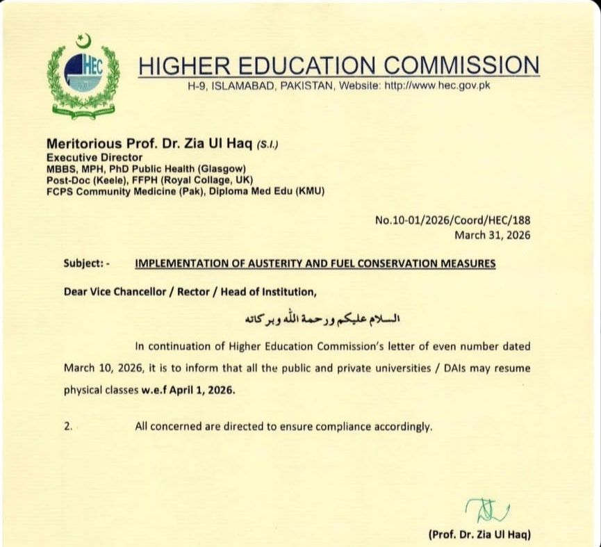 Islamabad Universities To Reopen On April 1 As Notification Issued 