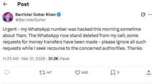 Pti Chairman Gohar Khans Whatsapp Account Hacked Hackers Demand Money 