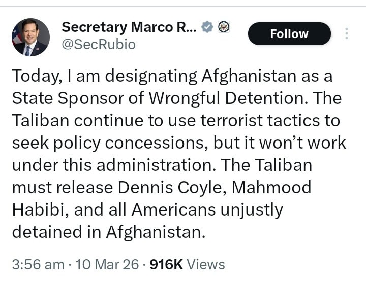 Us Designates Afghanistan As State Sponsor Of Wrongful Detention 