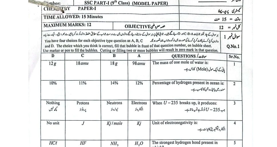 Class 9 Chemistry model paper for exams 2026