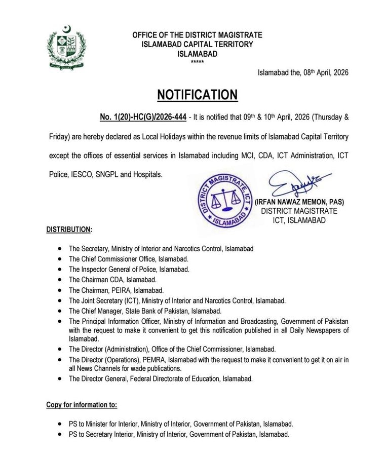 Islamabad April 9 10 Holiday Notification 