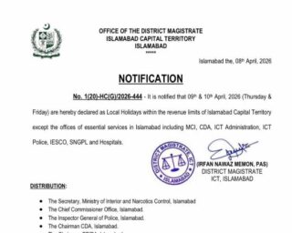 Islamabad April 9 10 Holiday Notification