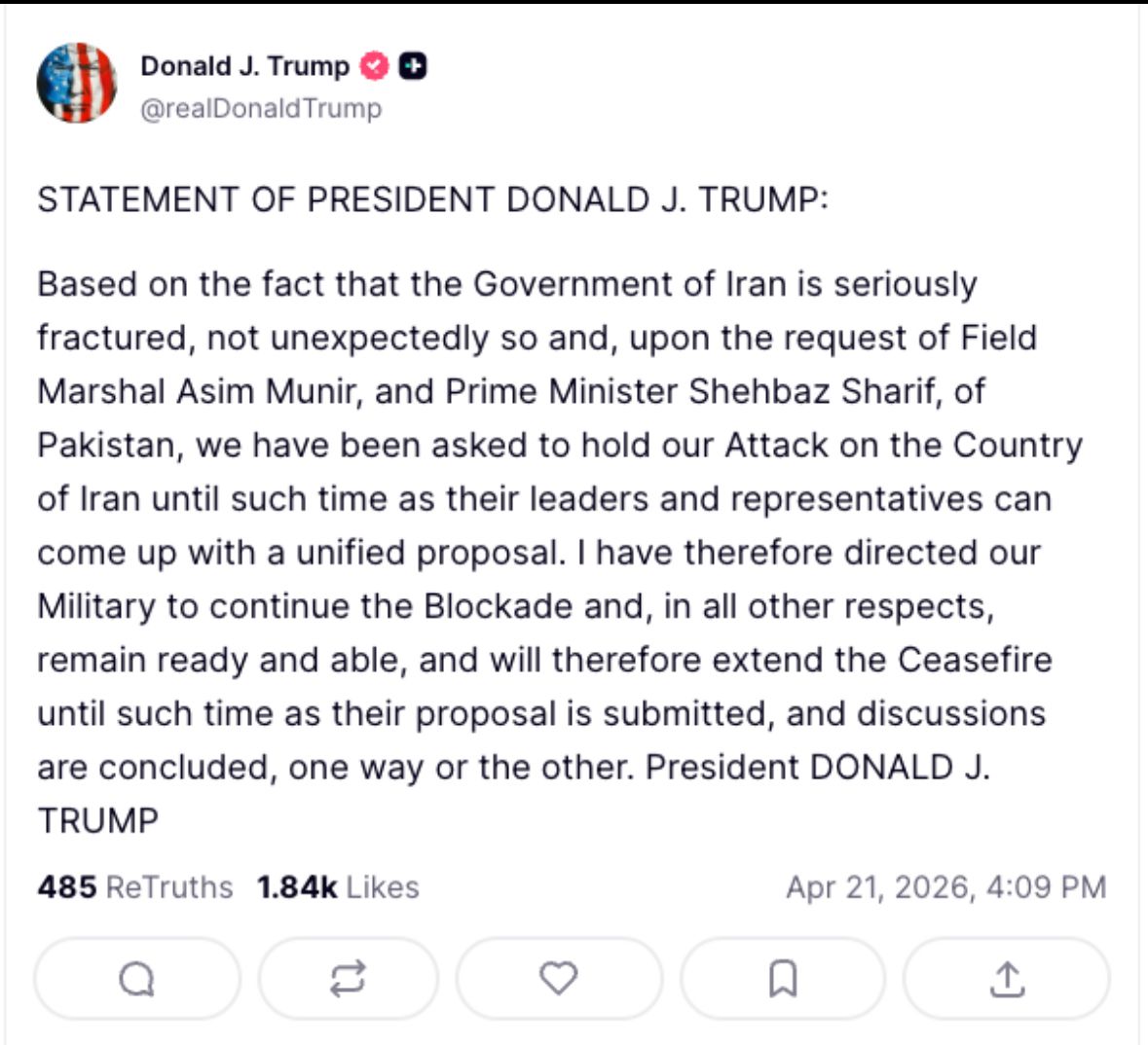Trump Extends Iran Ceasefire At Request If Pm Shehbaz Field Marshal Asim Munir 