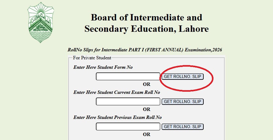 Bise Lahore Inter Part 1 Roll Number Slips 2026 Issued Download Online