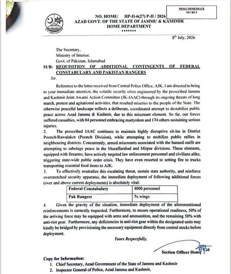 Azad Kashmir Seeks Fc Rangers Deployment Amid Law And Order Situation 
