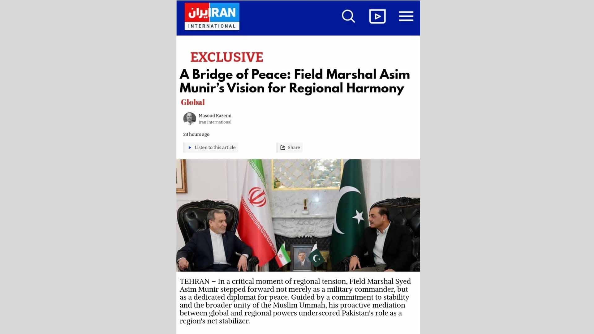 Bridge Of Peace Iranian Media Heaps Praise On Field Marshal Asim Munir For Peace Efforts