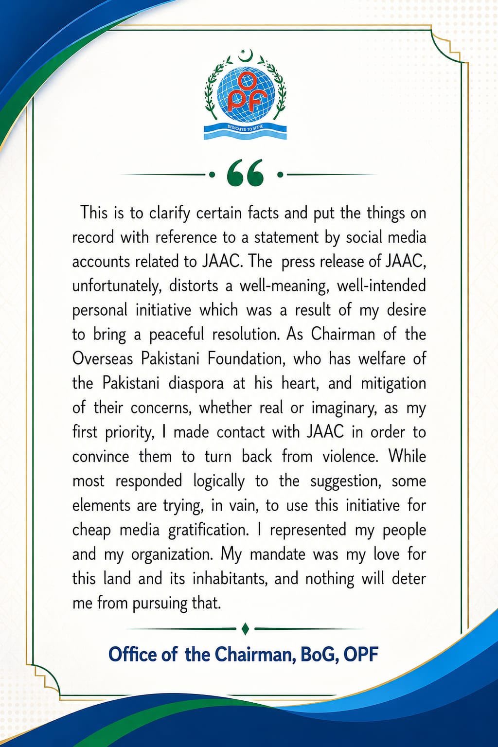 Opf Clarifies Qamar Razas Role After Jaac Claims Talks Involved Army Chiefs Representative 