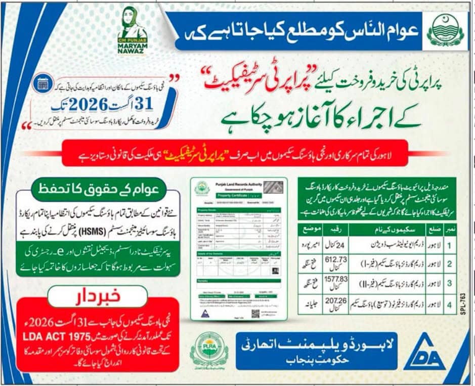Property Certificate Punjab Issues Alert For All Public Private Housing Societies In Lahore 