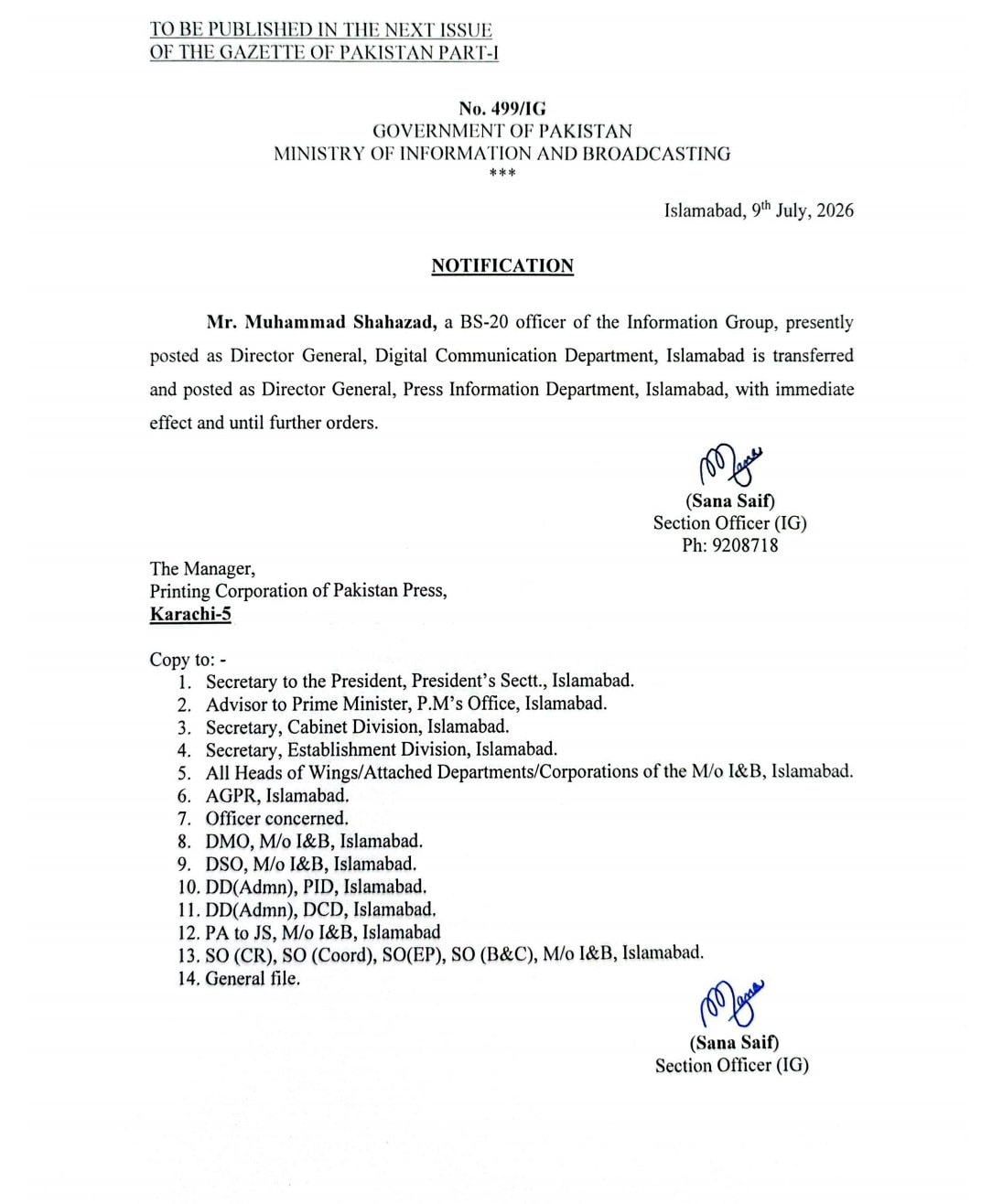 Raisa Adil Replaces Mubashir Hassan As Principal Information Officer 
