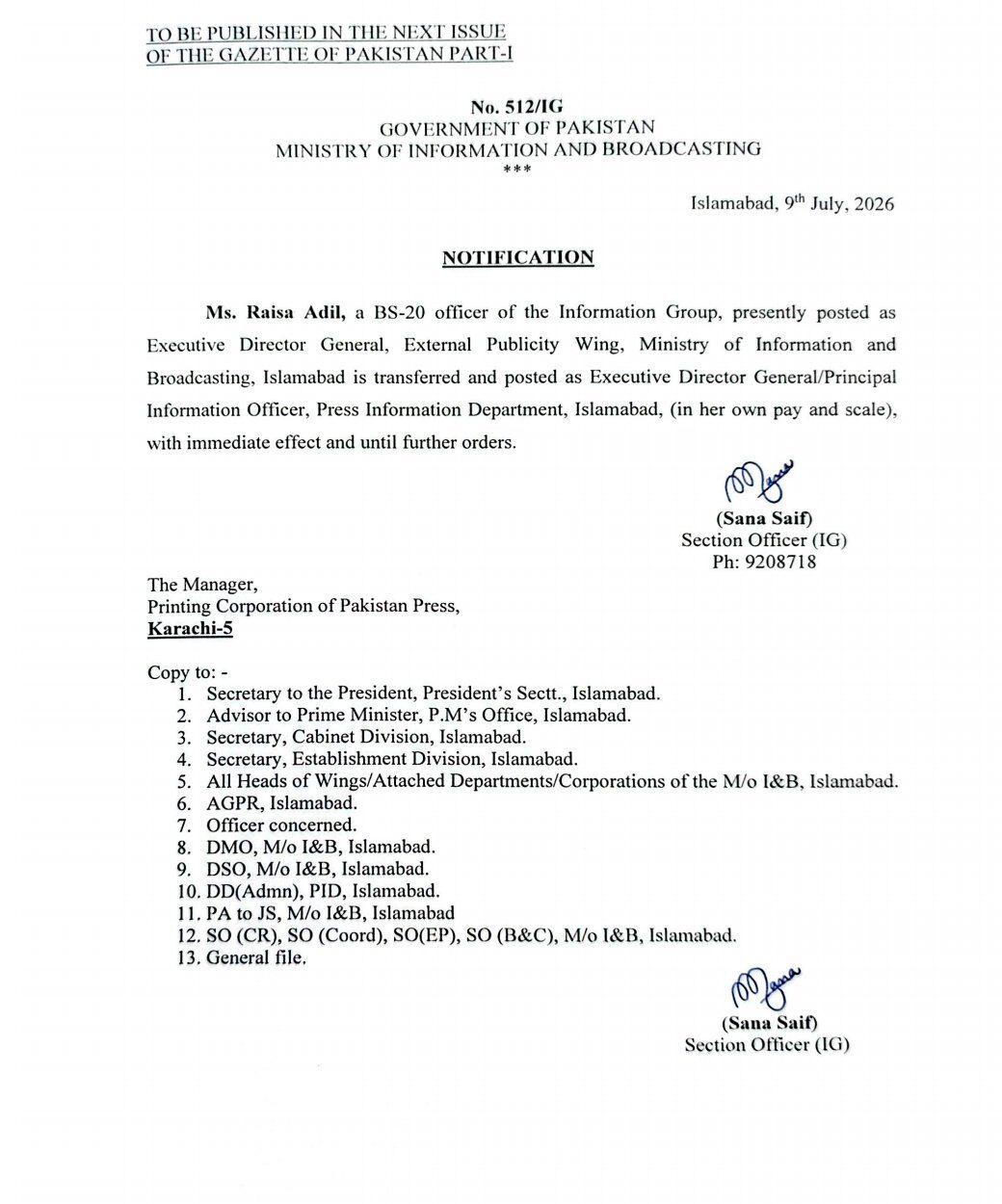 Raisa Adil Replaces Mubashir Hassan As Principal Information Officer