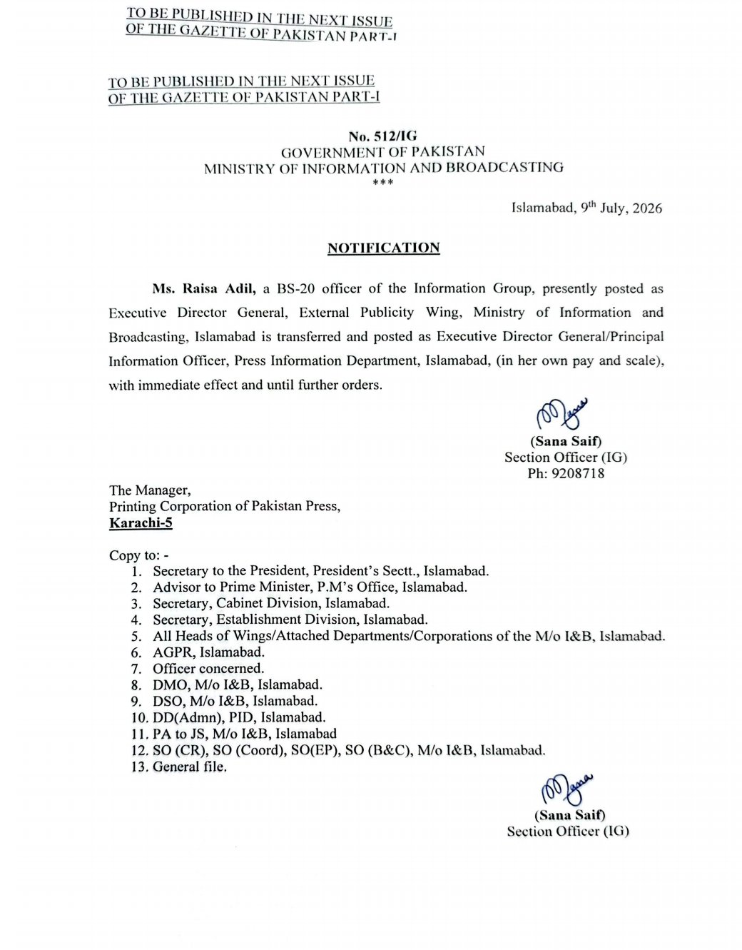 Raisa Adil Replaces Mubashir Hassan As Principal Information Officer 