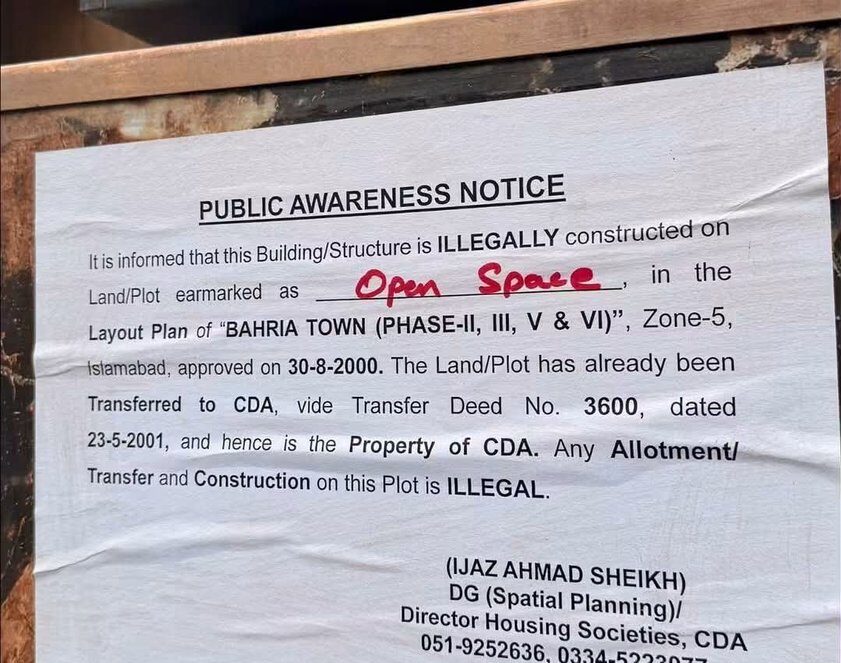 Bahria Town Islamabad Phases 1 6 Residents Face Cda Notice Over Illegal Constructions
