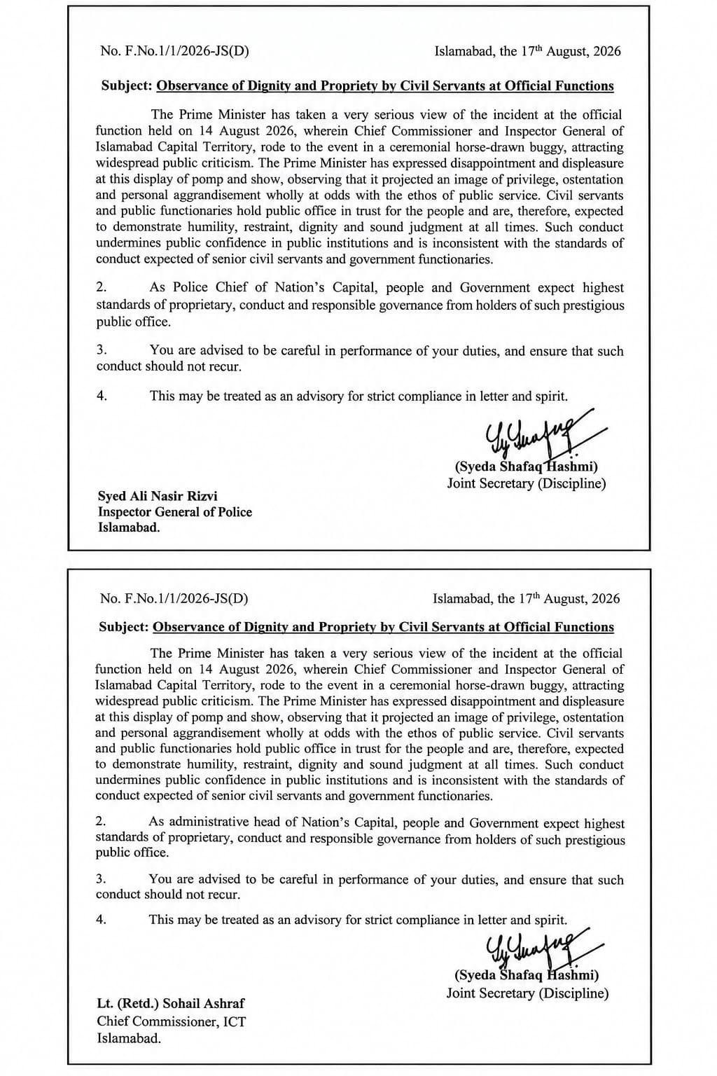Pm Displeased Over Pomp And Show By Islamabad Ig Chief Commissioner At August 14 Event 