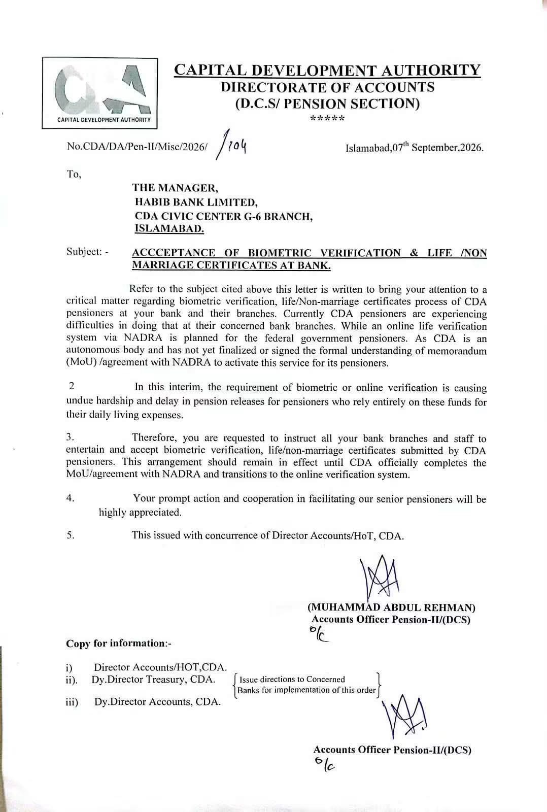 Cda Asks Hbl To Accept Biometric Life Certificates From Pensioners 