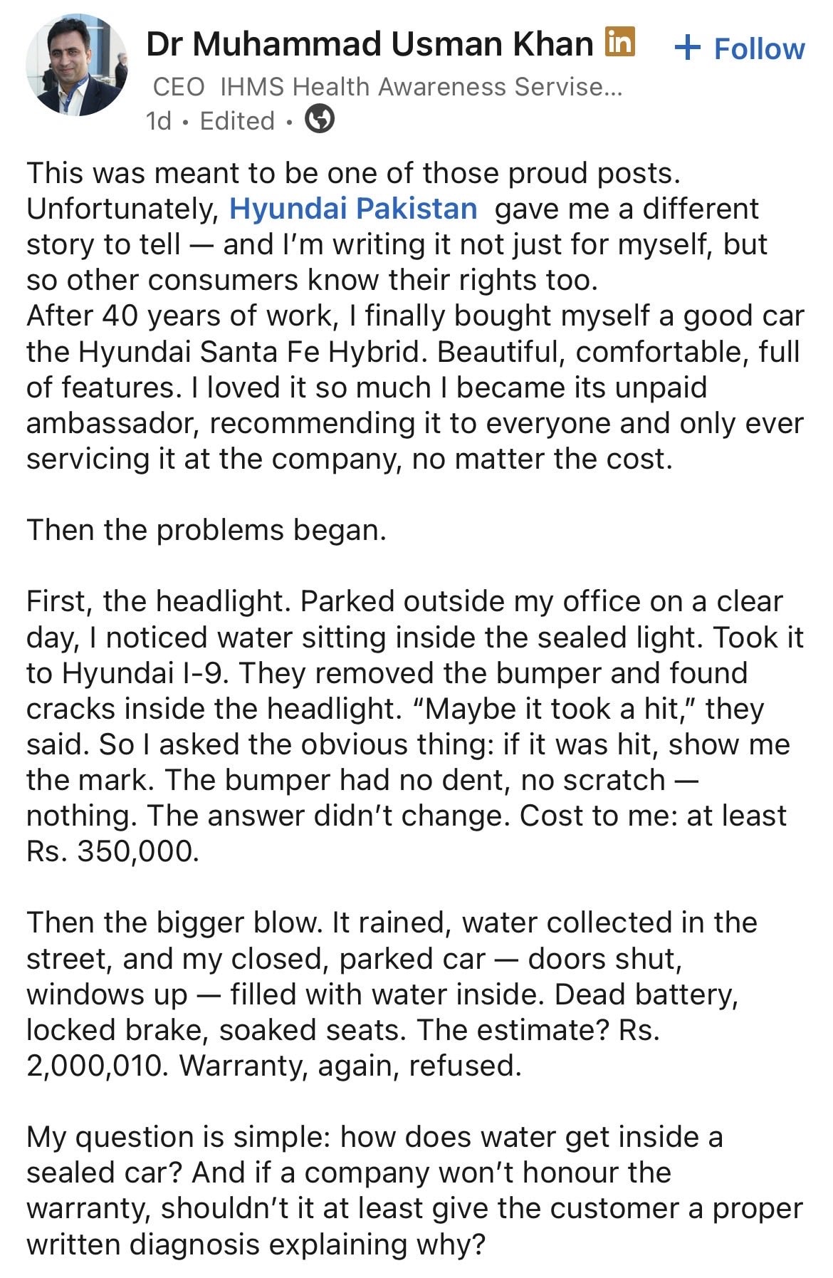 Hyundai Under Fire As Santa Fe Owner Faces Rs2 Million Water Damage Bill 