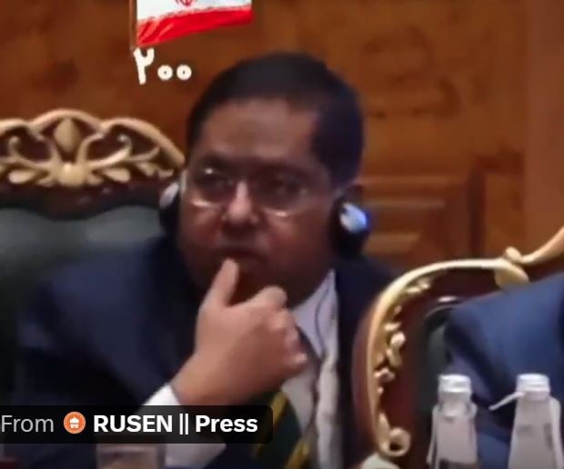 Indian Diplomat Jaiswal Caught Munching Nuts Licking Fingers During Iranian Presidents Brics Speech 