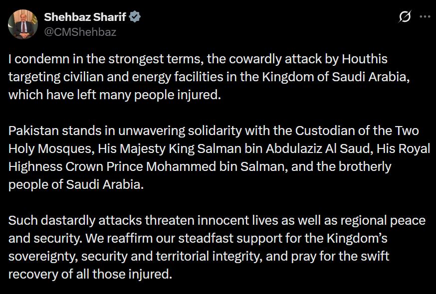Pakistan Warns Of Regional Fallout After Houthi Strikes Injure 73 Civilians In Saudi Arabia 