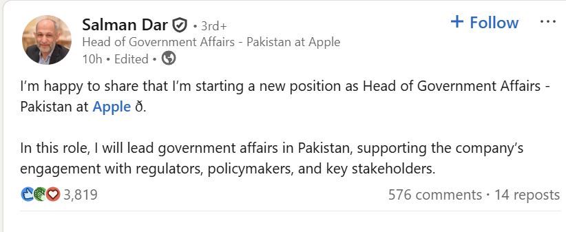 Salman Dar Named Apples First Pakistan Govt Affairs Representative 