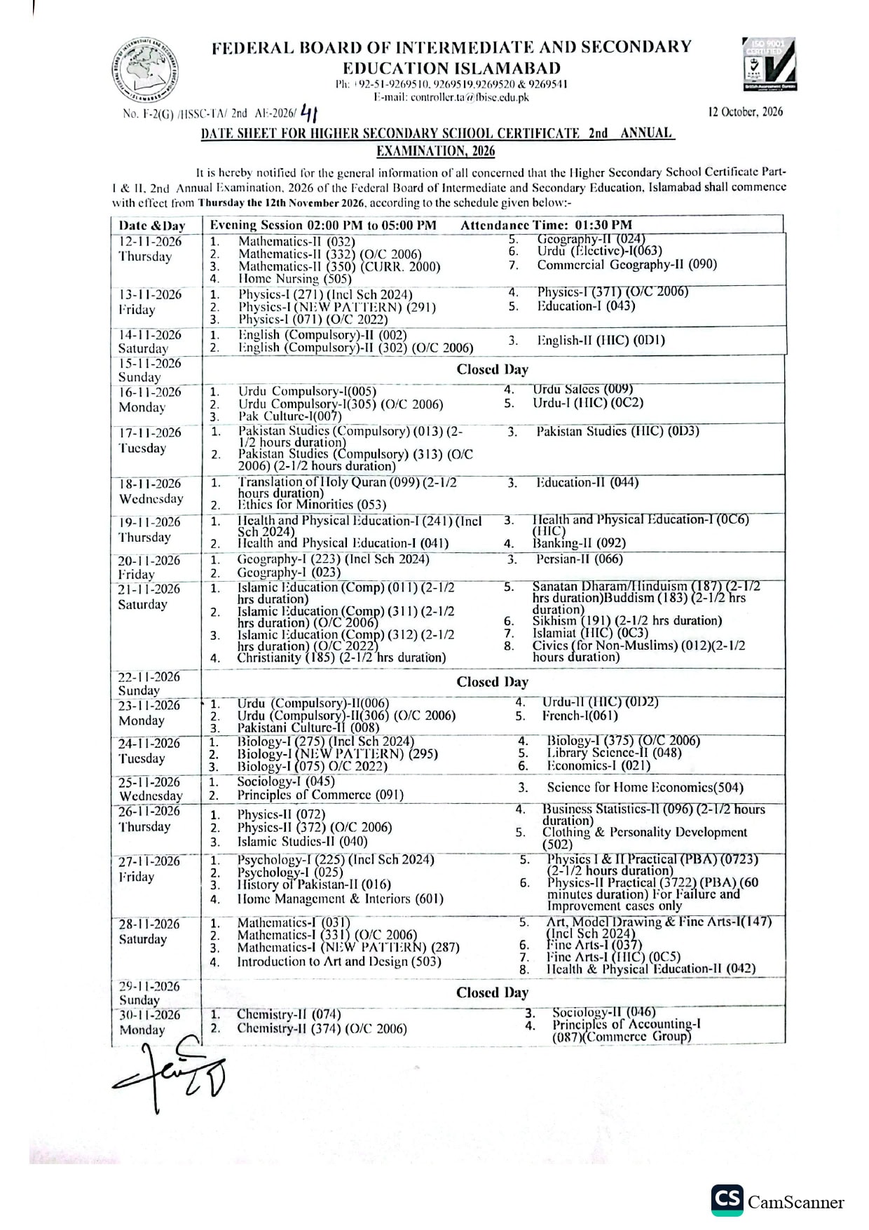 Fbise Inter Part 1 2 Annual Second Annual Date Sheet 2026