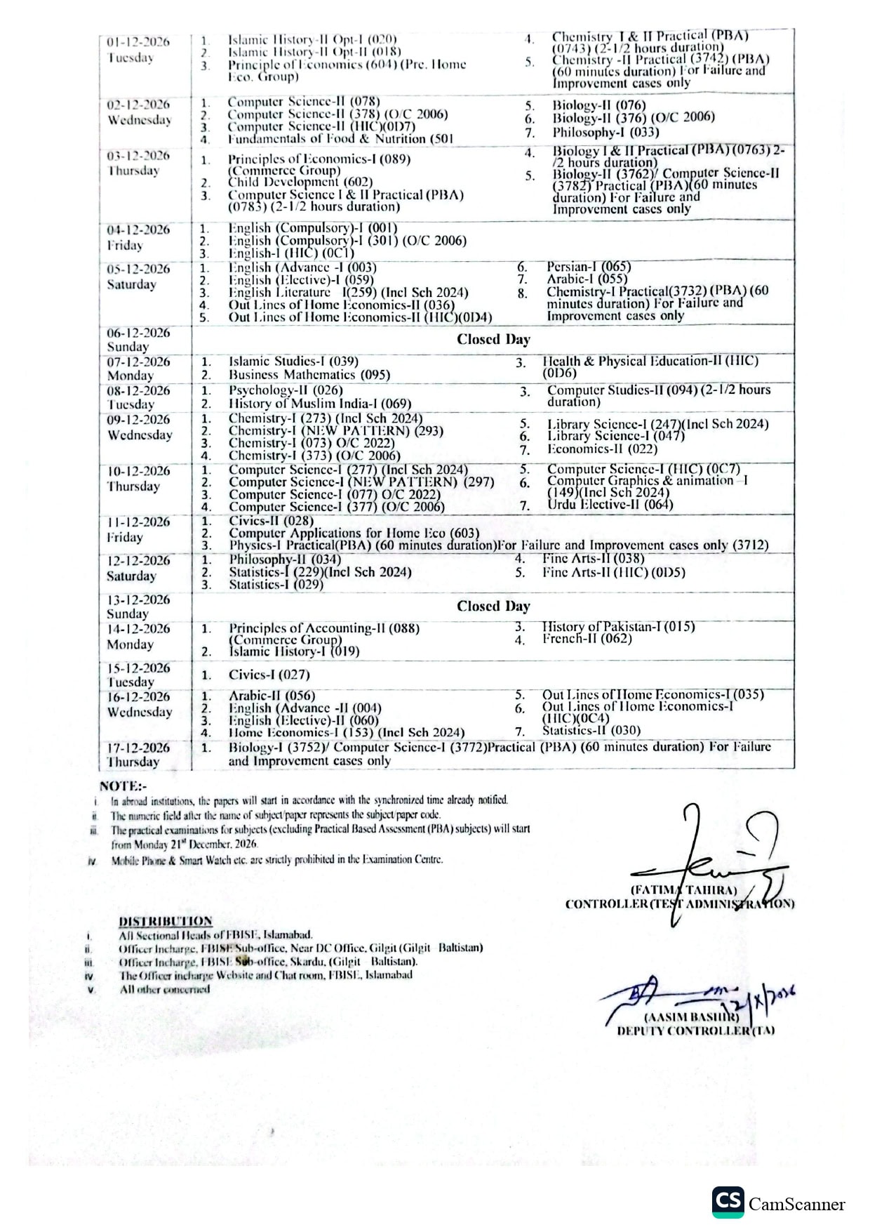 Fbise Inter Part 1 2 Annual Second Annual Date Sheet 2026