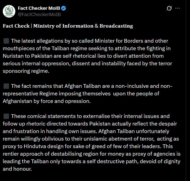 Pakistan Debunks Afghan Taliban Claims Over Nuristan Clashes 