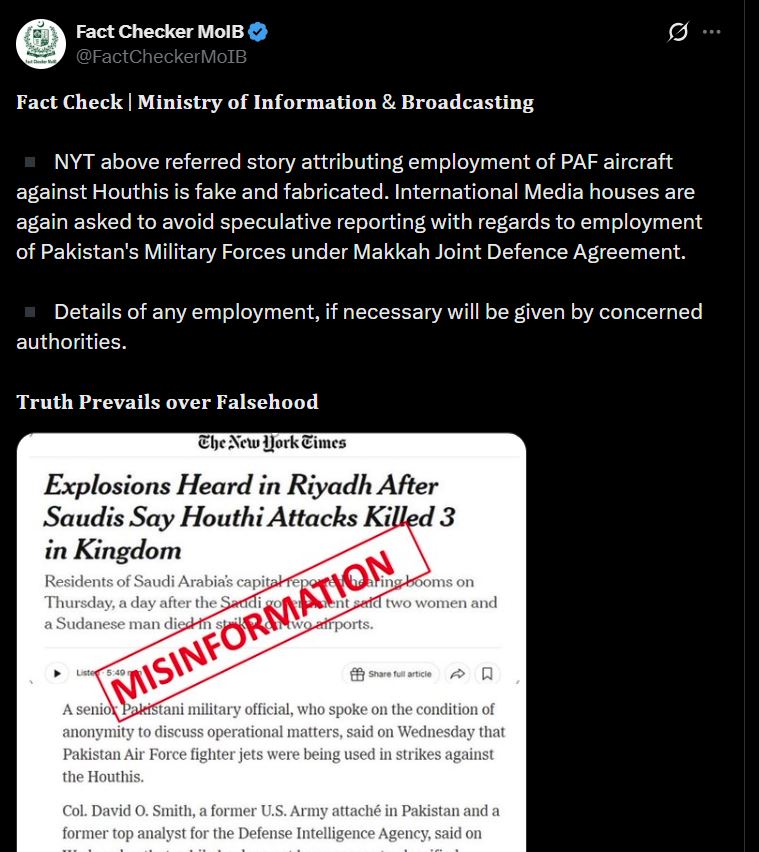 Pakistan Rejects New York Times Report Of Paf Strikes On Houthis As Fake And Fabricated 