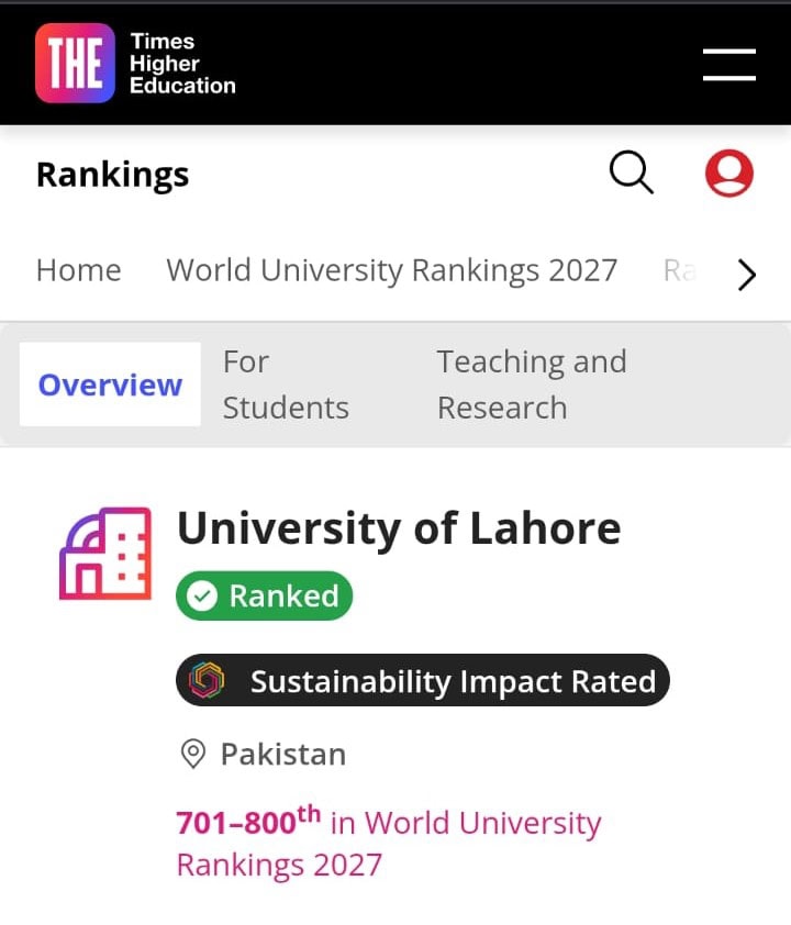 University Of Lahore Secures 701 800 Global Band In The World University Rankings 2027 